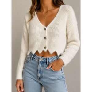Lumiere Fuzzy Knit Cropped Cardigan Sweater Ivory Scallop Hem M Fairycore Boho